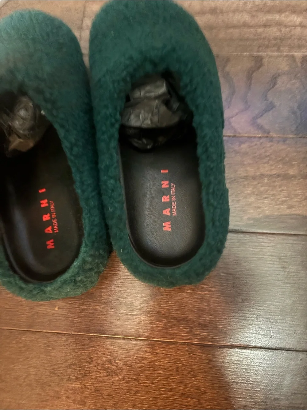 Marni Dark Green Plush Slip-On Mules